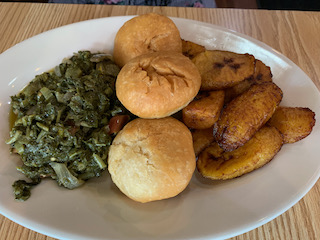 Calaloo, dumplings, plaintains